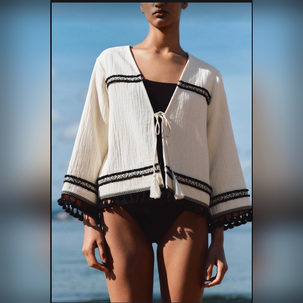 Zara V Neck Tie Front Fringe Jacket